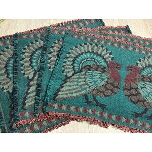 Vintage Tapestry Placemats Thanksgiving Turkey Red Green Fall Set Of 4 17.5”x13”